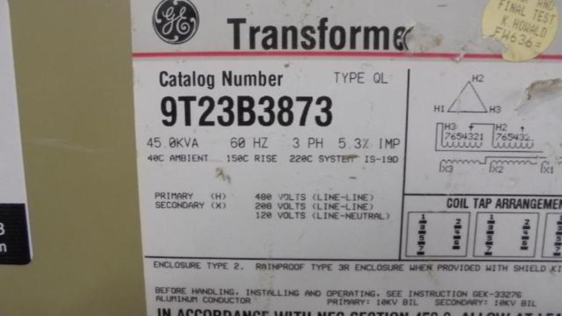 Transformer, 480 Volt, 3 Phase, 60Hz,Type- QL, Catalog Number- 9T23B3873 - Image 2 of 2