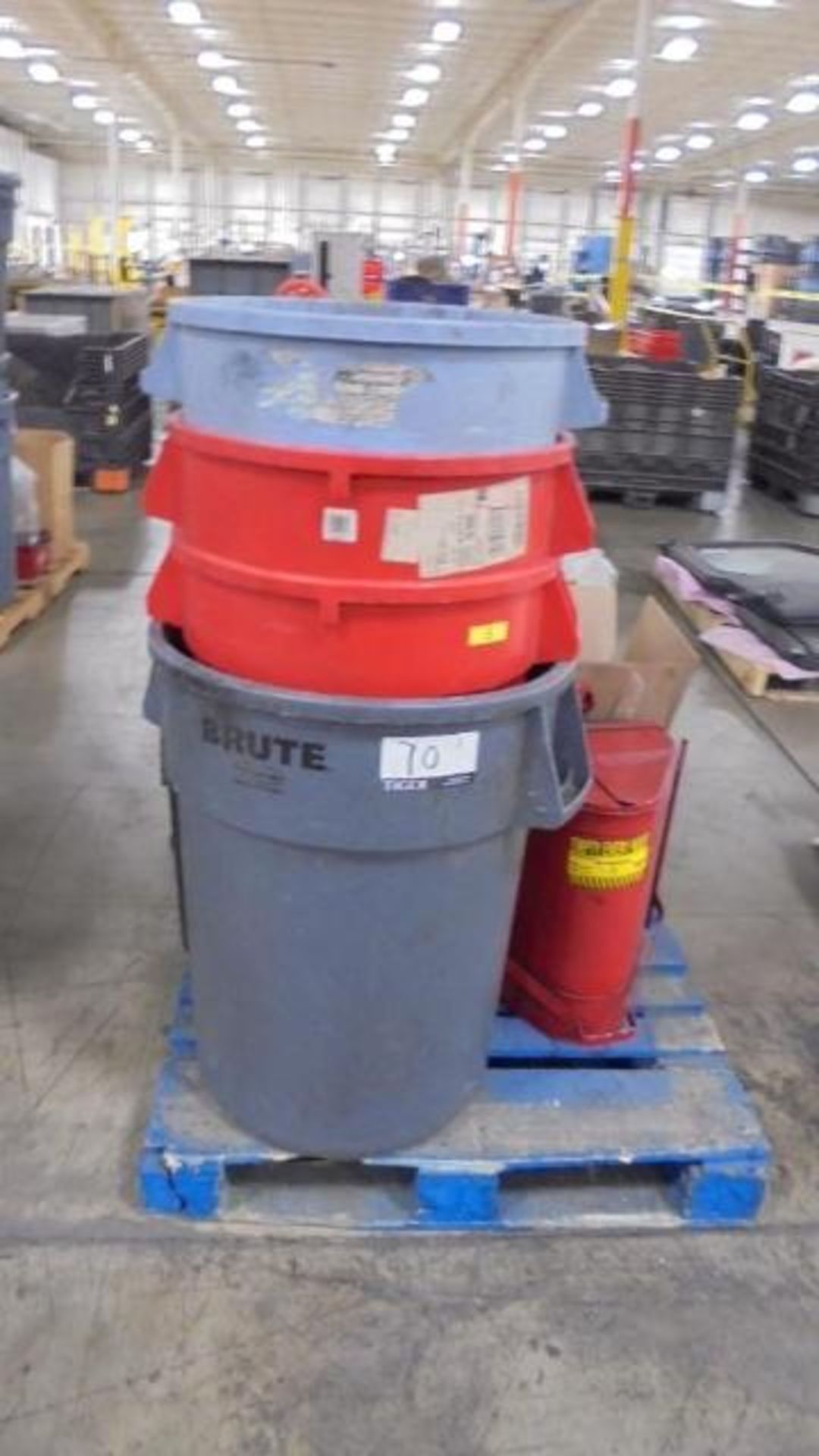 Lot Consisting of Tool Balancer Hoist, Safety Cone, (10) Office Waste Bins, Eagle Oil Waste Can