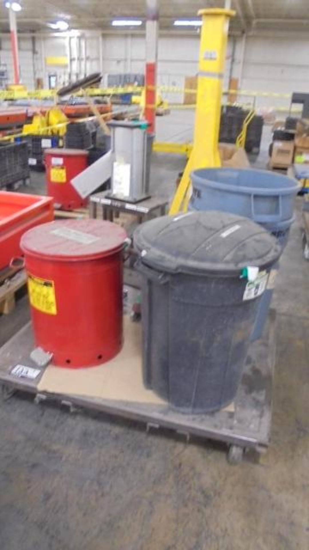 Lot Consisting of Material Handling Cart, (3) Waste Bins, Justrite Oil Waste Bin and Fabco-Air