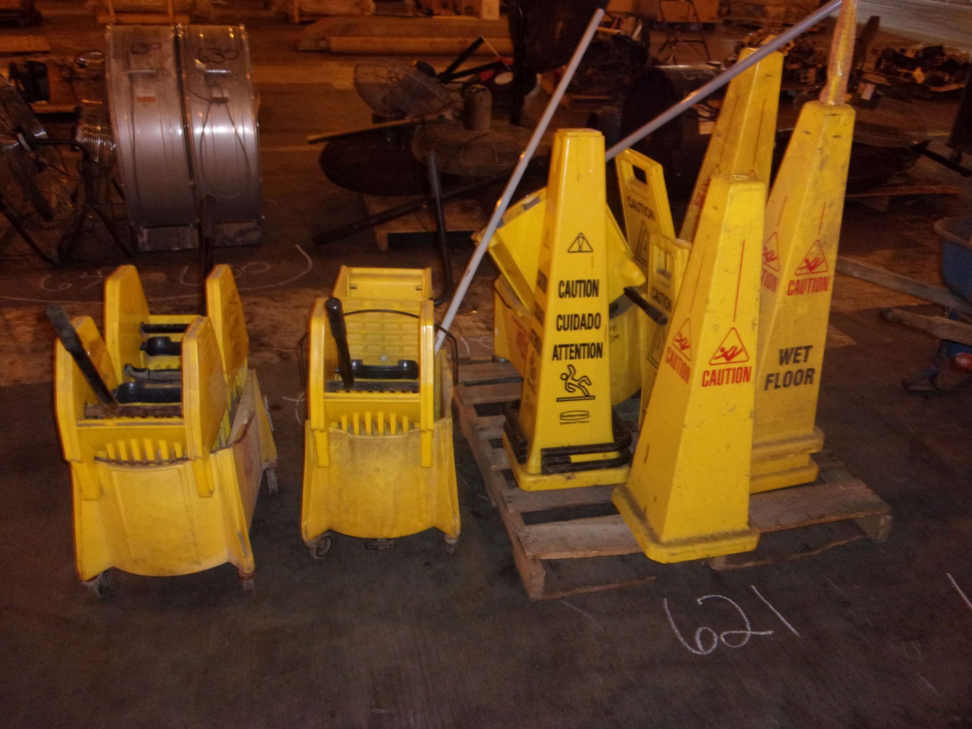 LOT OF MOP BUCKETS & SAFETY SIGNS