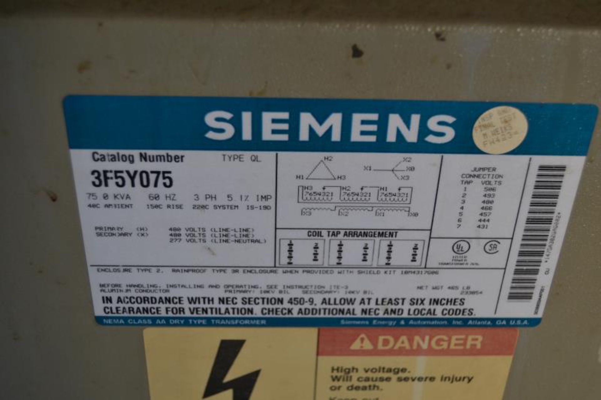 (1) SIEMEN 30 KVA TRANSFORMER - Image 3 of 5