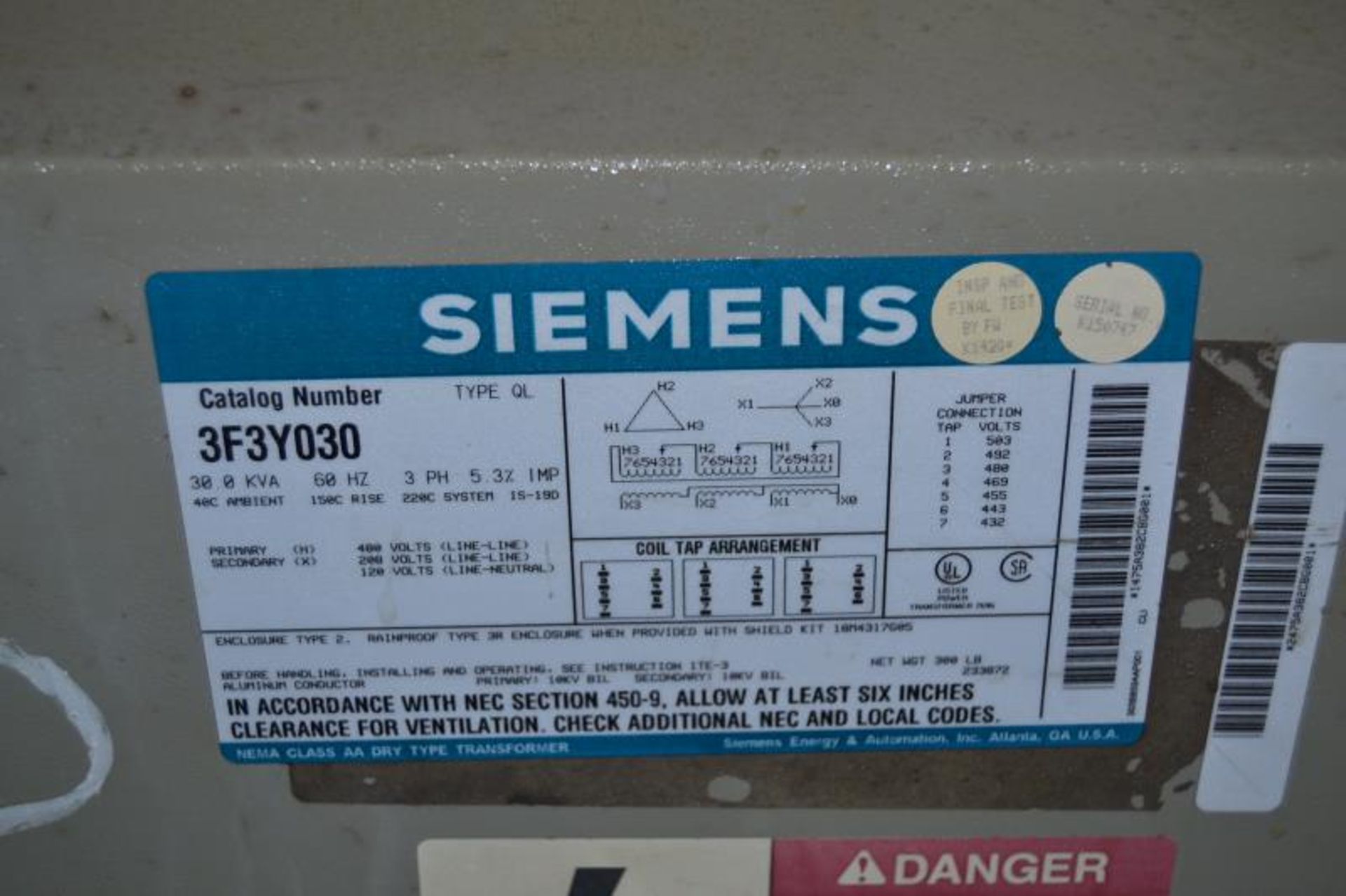 (1) SIEMEN 30 KVA TRANSFORMER - Image 5 of 5