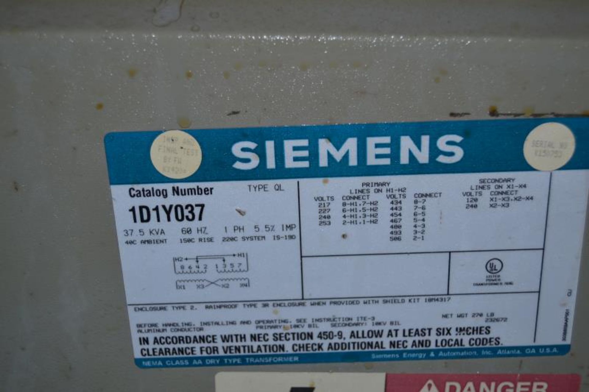 (1) SIEMEN 30 KVA TRANSFORMER - Image 4 of 5