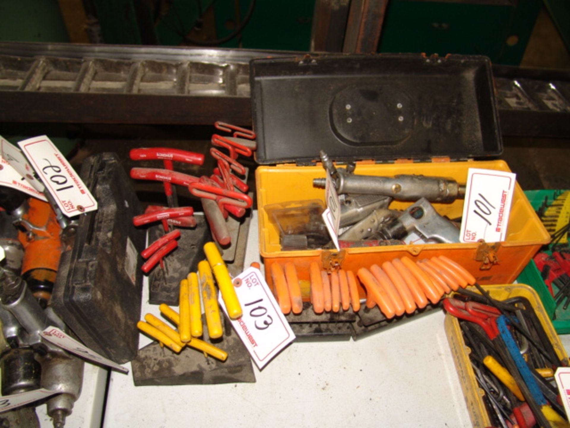 BOX OF AIR RATCHETS, CHISELS, ETC.