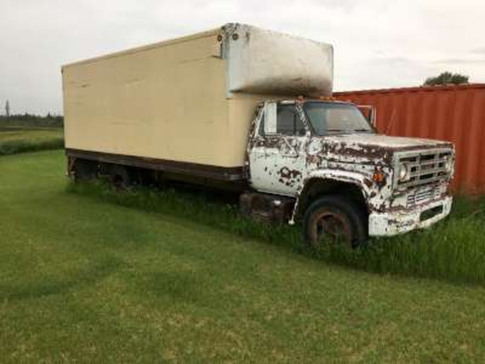 1975? Chev truck, w/20ft rear cargo container (not running)