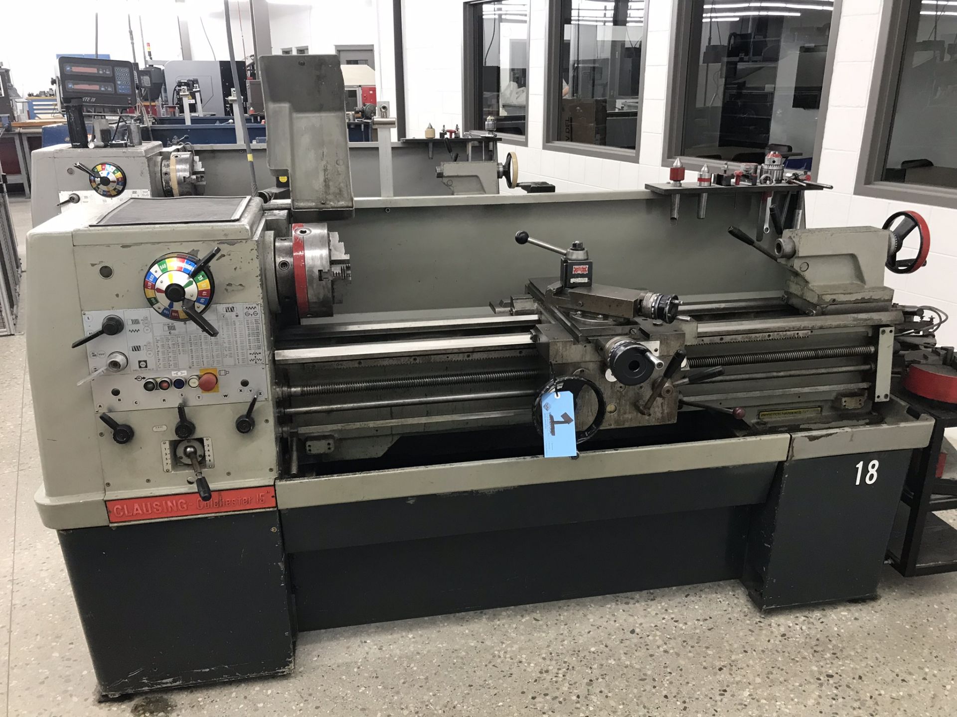 Clausing Colchester 15" x 50" Toolroom Lathe 10" 3 jaw, 10" 4 jaw, Aloris tool post, related Tooling