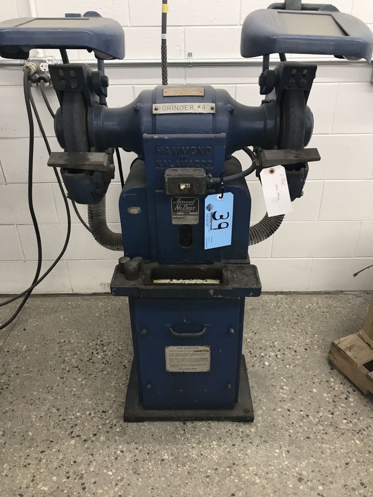 Hammond Pedestal Grinder Model # 10A (10” Wheels) w/ Dust Collector Base and Lighted View Guard