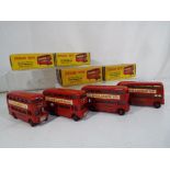 Budgie Toys - four OO scale Routemaster Double Decker buses with windows, Esso Golden decals,