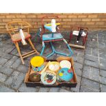 A good lot to include three child's vintage rocking horses and box of tinplate drums,