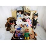 A collection of thirteen dolls and bears to include three figures from the Little Britain TV series