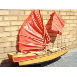 Wooden Chinese Junk style sailing boat, 116 cm (h) x 111 cm (w) x 25 cm (d),