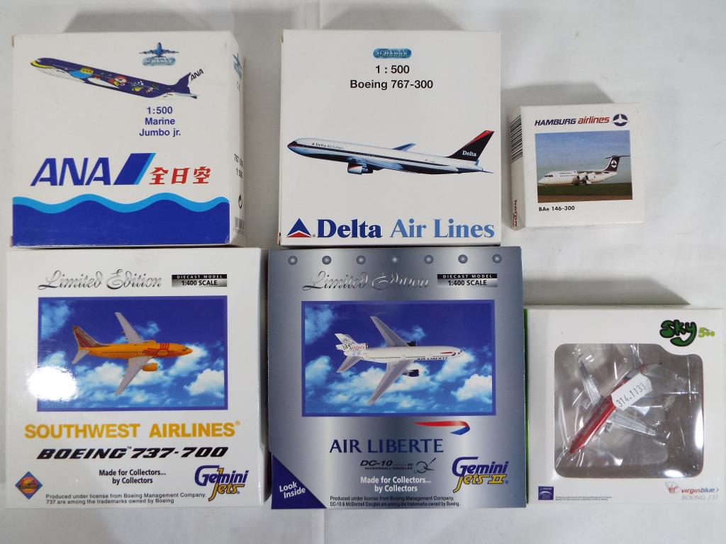 Schabak, Herpa and Gemini - five boxed diecast airplanes 1:400 and 1:500 scale comprising GASWA283,