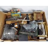 Model Railway scenics - one tray containing OO gauge cork underlay, seven Hornby points, pylons,