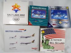 Herpa and Gemini Jets - five boxed diecast airplanes 1:400 and 1:500 scale comprising N915AW,