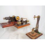 Two scratch built horizontal miniature steam pumps on plinths approx 17cm (l) and 15cm (l),