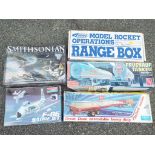 A selection of four model kits and one rocket comprising Monogram F86 Sabre Jet,