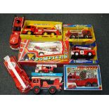 Mira, Buddy L and others six large scale push along and gyro powered fire engines in original boxes,