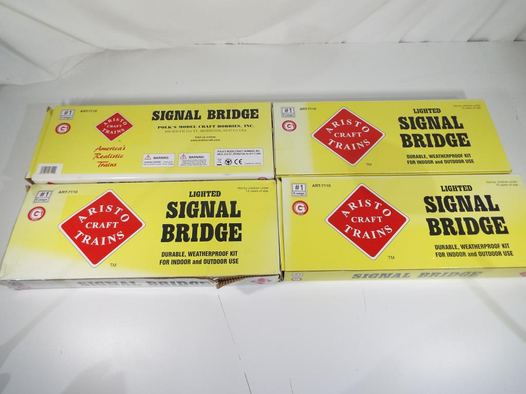 Model Railways - four G scale lighted signal bridges in original boxes by Aristo Craft Trains,