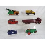 Dinky - six early diecast models comprising Aveling-Barford road roller, loudspeaker van,