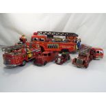 Metalcraft, Timpo and others - five tin-plate fire engines, three friction powered plus two others,