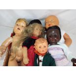 Dolls - five vintage predominantly dressed dolls to include a bisque headed baby doll marked 50 to