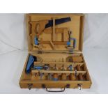 A child's 11 piece carpentry set in wooden case, 36 cm x 8 cm x 24 cm, items in excellent condition,