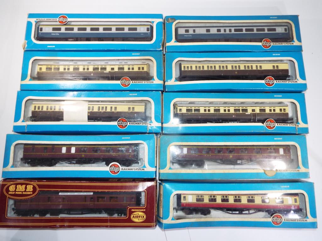 A collection of ten boxed Airfix OO gauge coaches, in original boxes ,