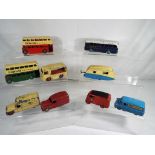 Dinky Toys - nine early diecast models, two Double Decker buses # 290, Coach # 283, Caravan # 190,