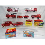 Matchbox, Dinky and Hubley - Eleven diecast fire engines, eight unboxed with one empty box,