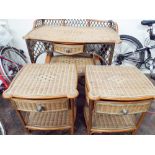 A wicker table with galleried back and drawer,