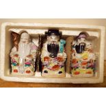 3 ceramic Chinese figures and a bronze risque ashtray