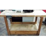 A heavy duty work bench with shelf under and vice etc Approx 32 inches tall,