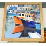 A modern oil painting of boats in St Ives harbour