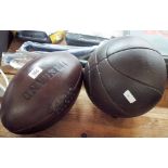 Two old style leather balls, 1 Rugby,