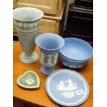 Five pieces of blue and green Wedgwood and Jasper ware