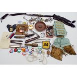 Various buttons, military badges, Masonic regalia and knives,