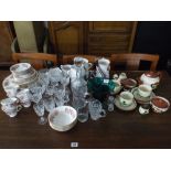 Floral decorated part dinner and tea service, decanter, wine glasses, soup mugs,