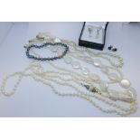 Cultured pearls, necklaces, earrings,