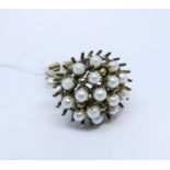 A 1950's cultured pearl cluster ladies dress ring unmarked yellow gold ring size L