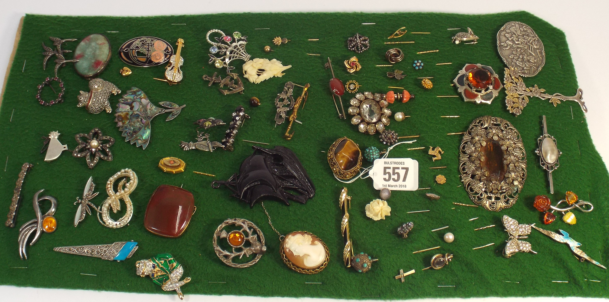A collection of 19th century and later brooches and stick pins, some silver, some gold, - Image 2 of 4