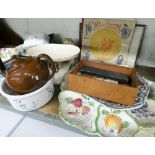 A quantity of old china, pictures, dishes, a mahogany wall shelf, wall clock, balance scales,