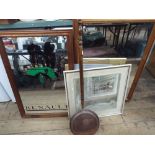 A pine framed mirror, a pine framed mirror with classic car pictures, two pictures,