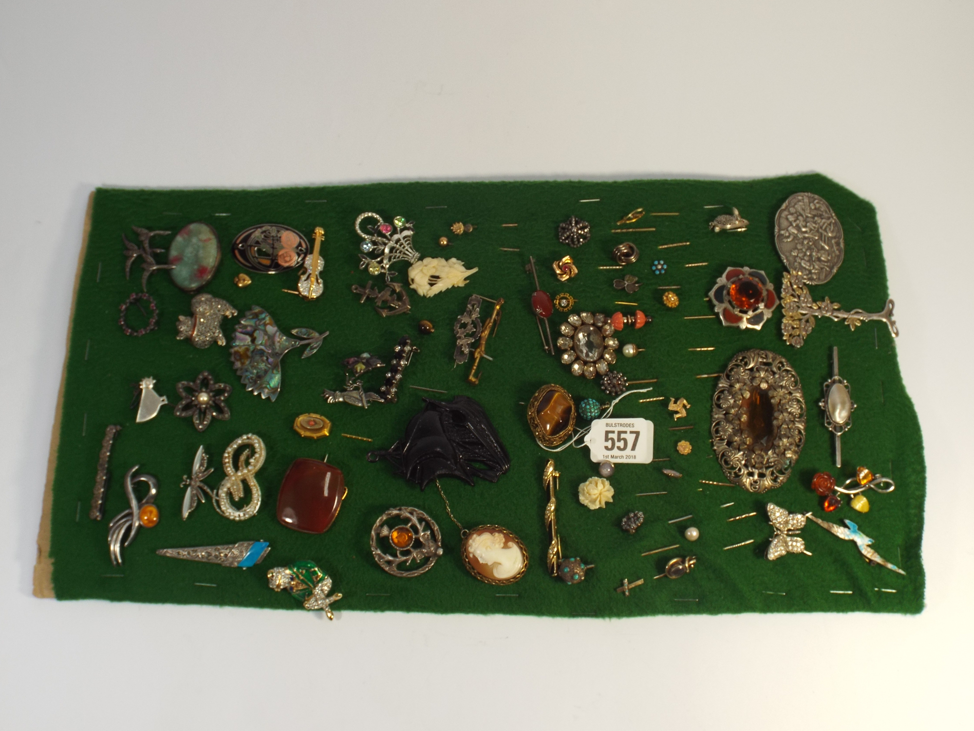A collection of 19th century and later brooches and stick pins, some silver, some gold, - Image 3 of 4