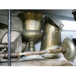 Three very large brass jugs, large brass ashtray, brass coal scuttle,