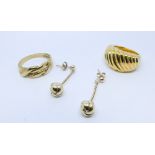 A pair of 9ct yellow gold ball earrings and two modern 9ct yellow gold ladies dress rings gross