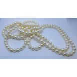 Two long rows of cultured pearls, the longest approx 140 cms, the other approx.