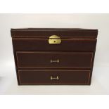 Three tier brown leather gentleman's jewellery box