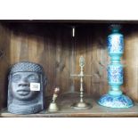 African bust, candlesticks, plated items,