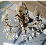 Six branch brass and glass lustre hanging electric light pendant