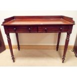 Victorian mahogany tray topped writing or side table fitted two drawers on turned legs 3'6 wide